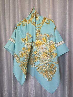 Large Square Satin Silk Blue And Gold Scarf